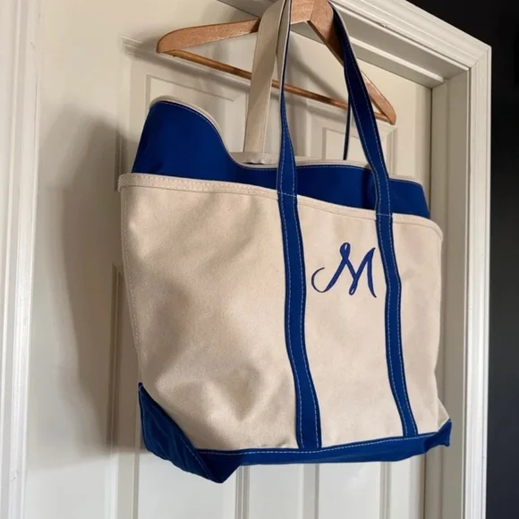 L.L. Bean Boat & Tote Bag USA Canvas Blue Zip Top Embroidered M - Picture 4 of 12
